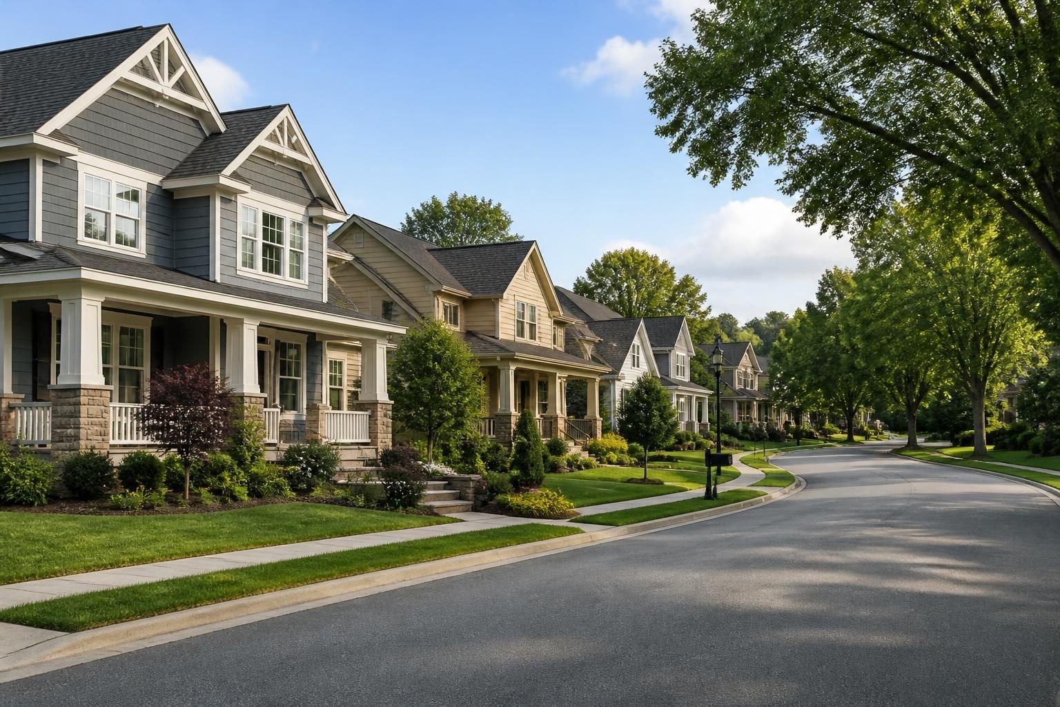 Well-kept residential neighborhood with broad streets and daylight.