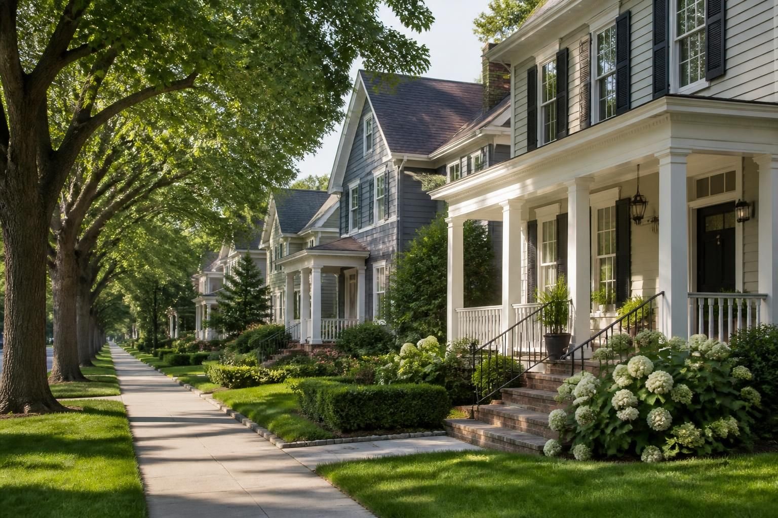 Tree-lined residential neighborhood with elegant homes and sidewalks.