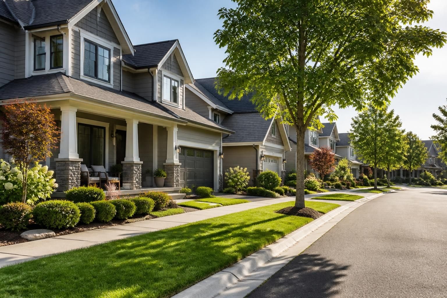 Modern suburban homes with manicured greenery on a quiet street.