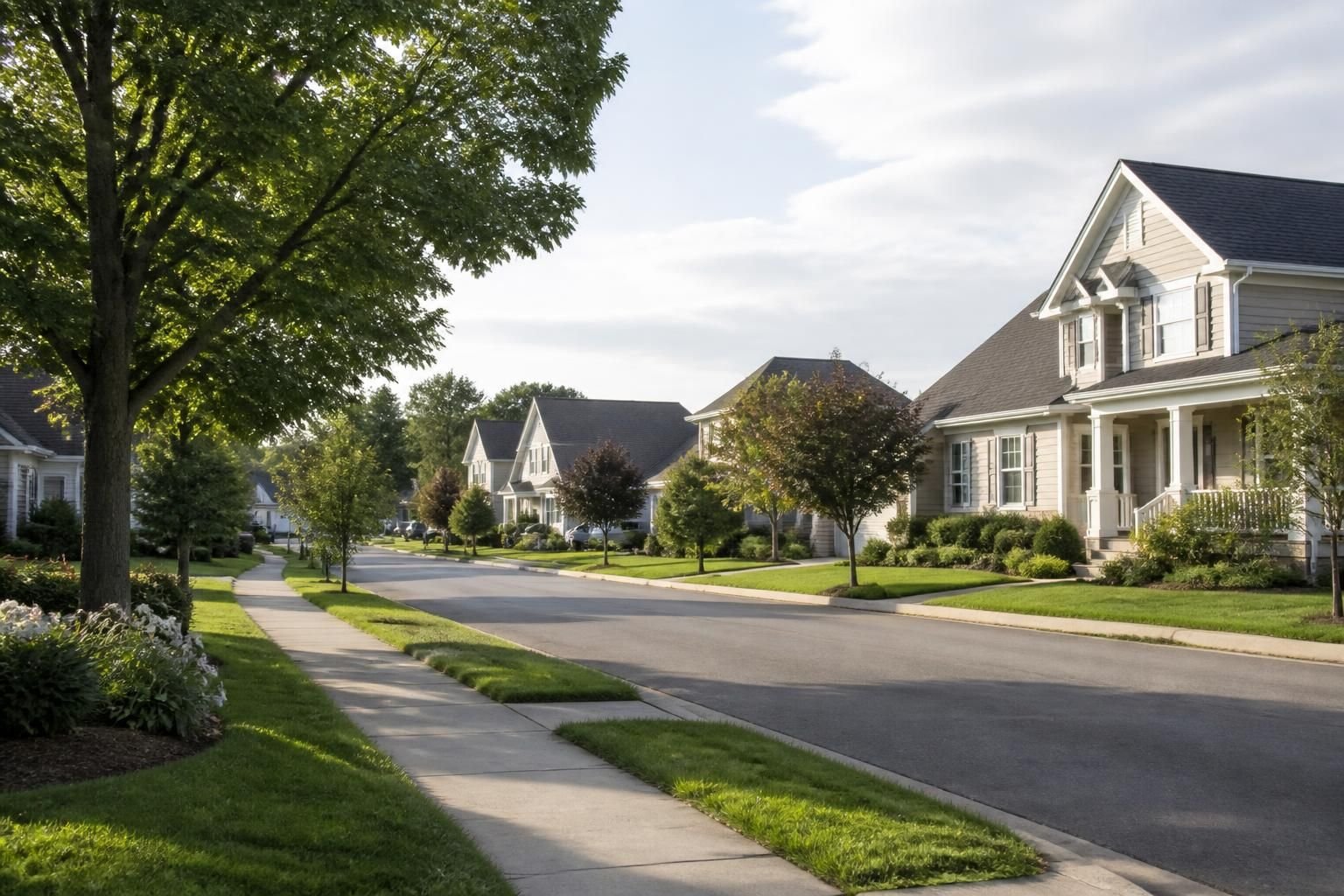 Neat suburban street with homes and trimmed lawns.