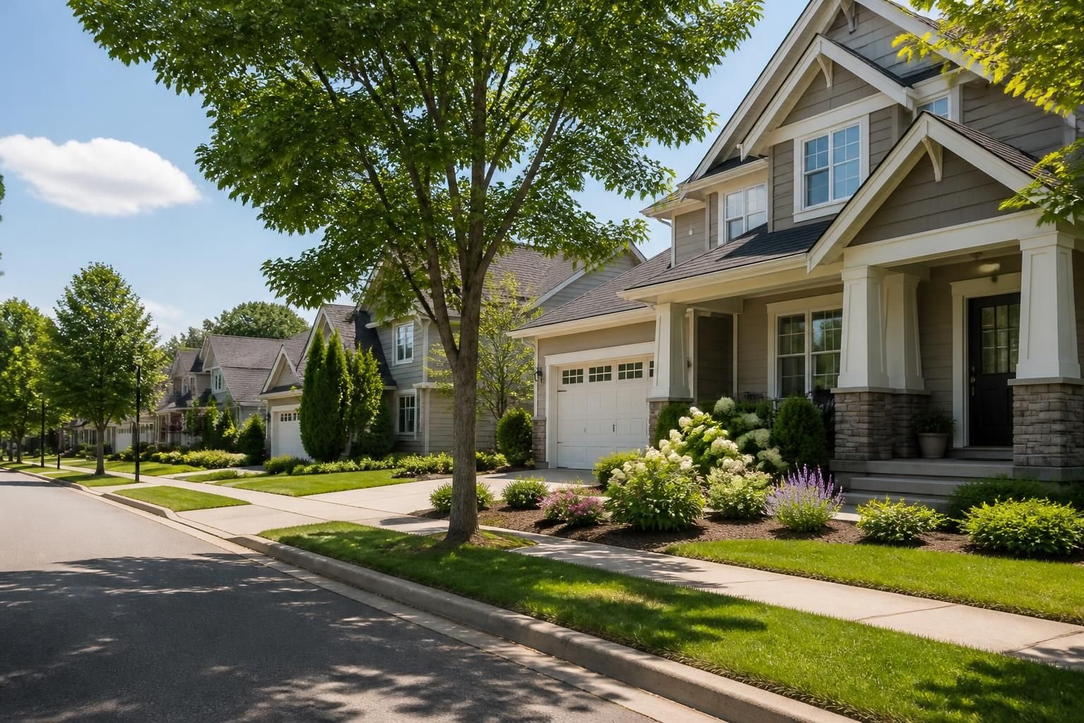 Suburban neighborhood with landscaped homes and natural greenery.