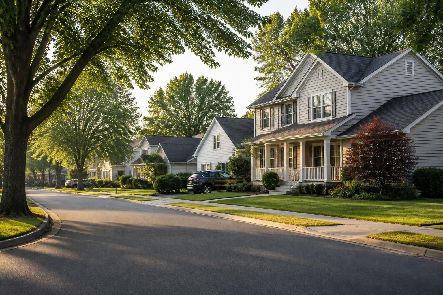 Suburban neighborhood with mature trees and tidy homes.