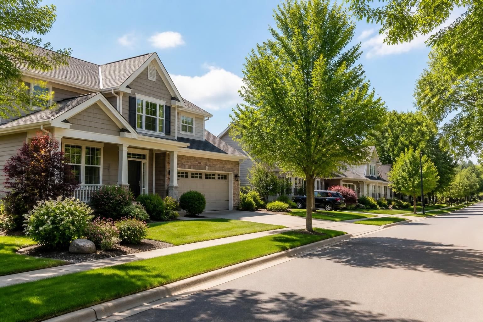 Spacious suburban homes with mature landscaping and sunshine.