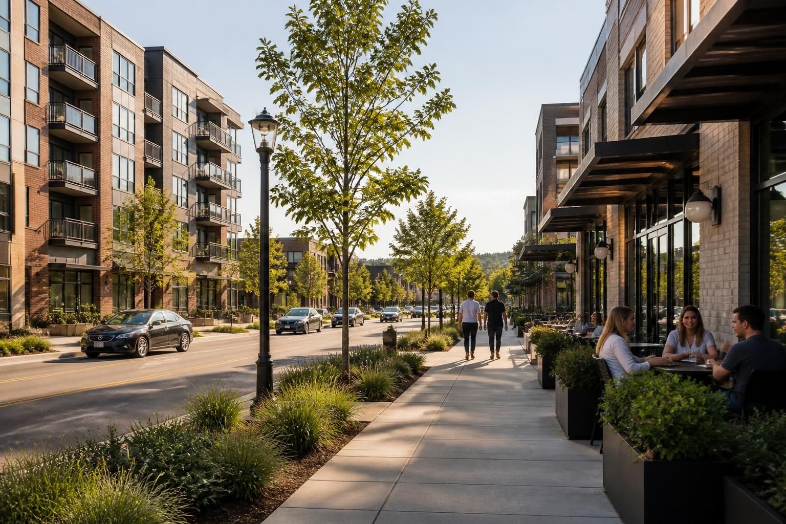 Clean neighborhood street with modern buildings in warm daylight.