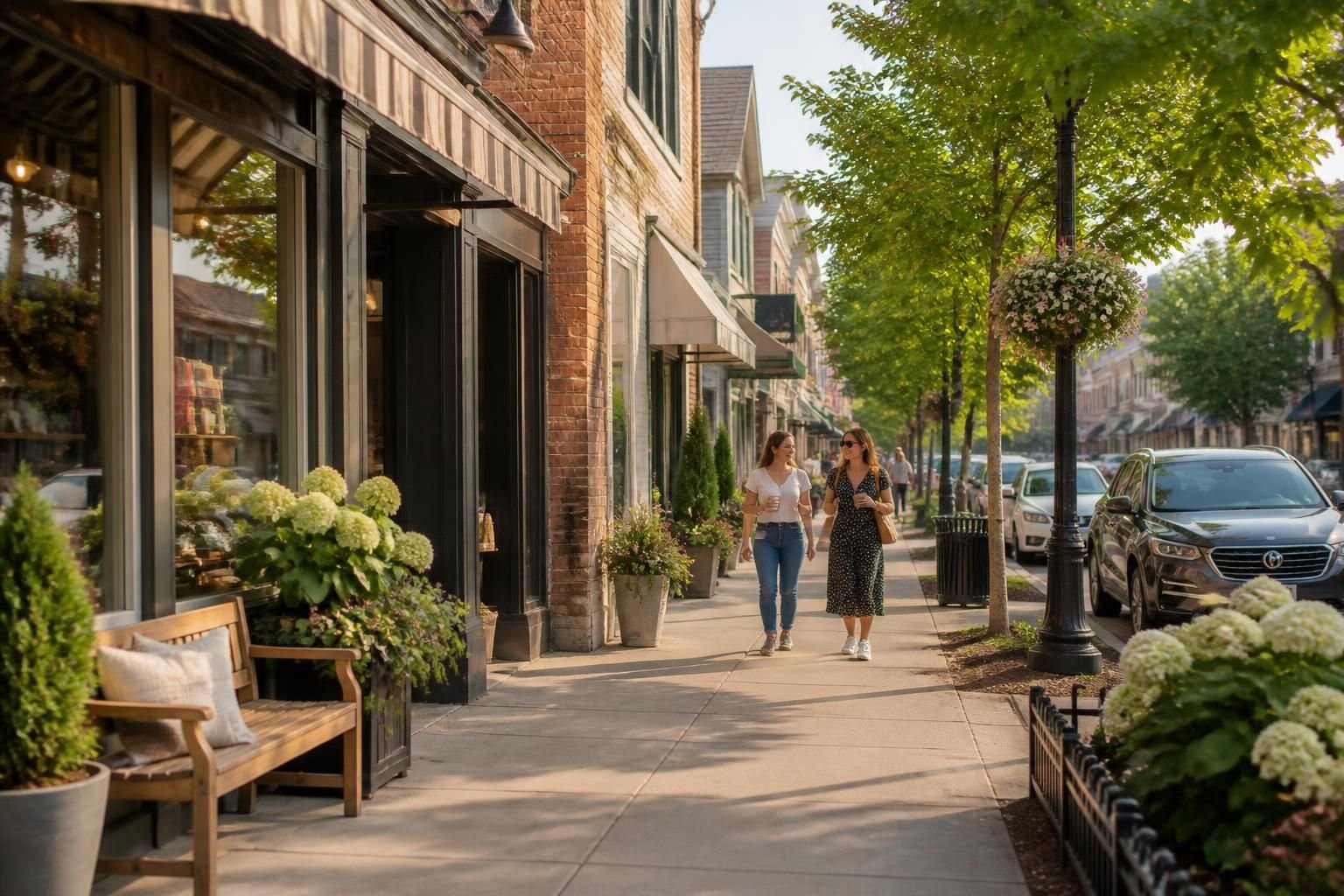 Tidy small-town street with storefronts and clean sidewalks.