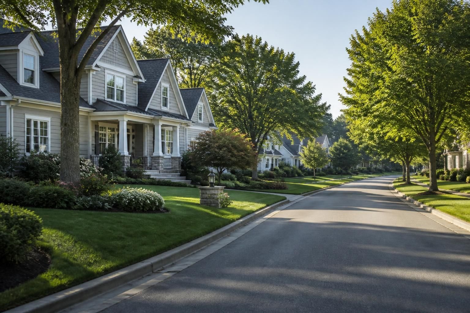 Upscale suburban neighborhood with clean homes and mature trees.