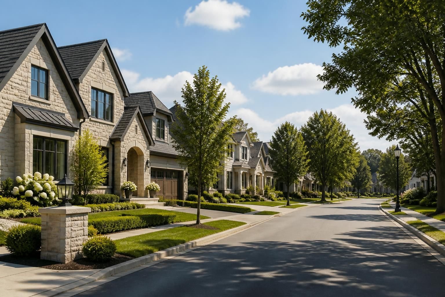 Upscale residential community with manicured lawns and elegant homes.