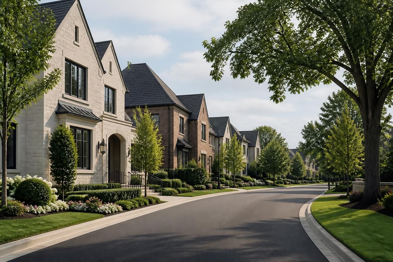Upscale neighborhood with refined homes and landscaped greenery.